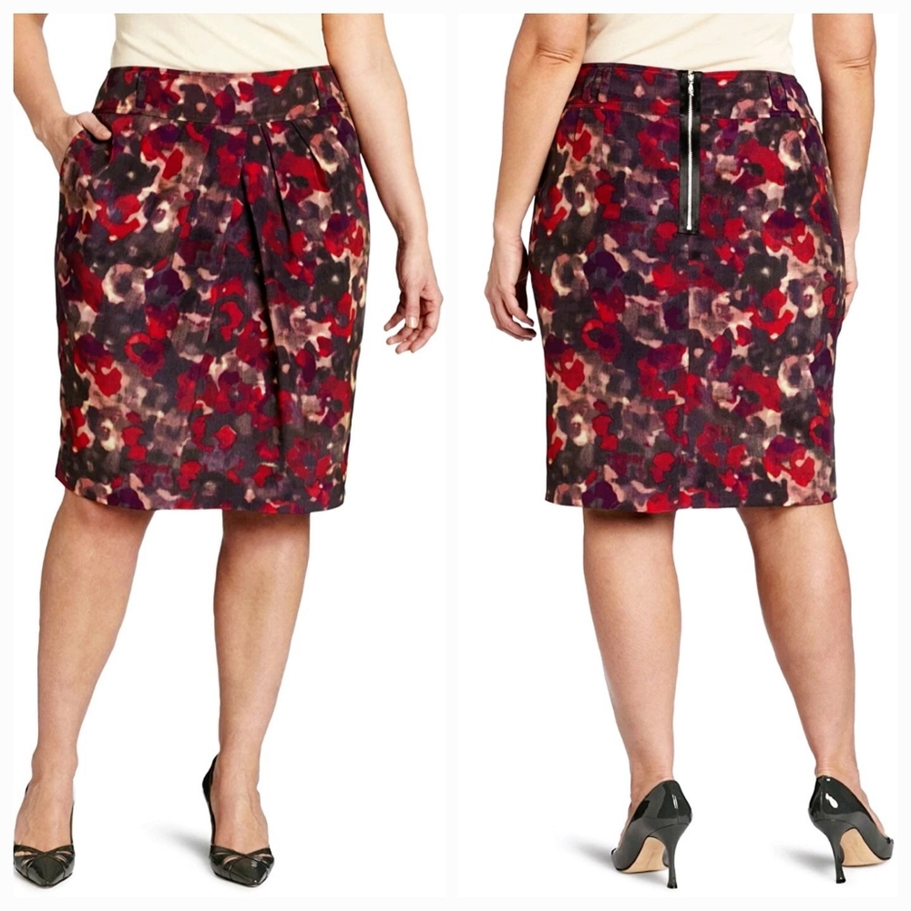 JONES NEW YORK Printed Tucked Front Knee Length Skirt w/Pocket Sz 10 Red/Multi